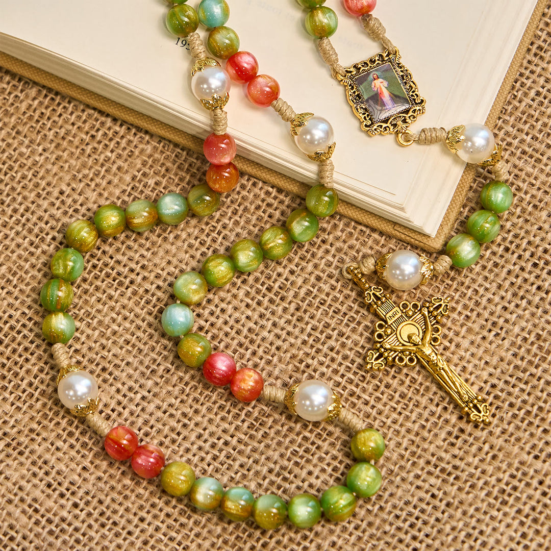 Christianartworkshop Handcrafted Christmas Blessings Divine Mercy Rosary with Red Green Beads and Bronze Crucifix - image 5