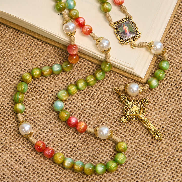 Christianartworkshop Handcrafted Christmas Blessings Divine Mercy Rosary with Red Green Beads and Bronze Crucifix - image 5