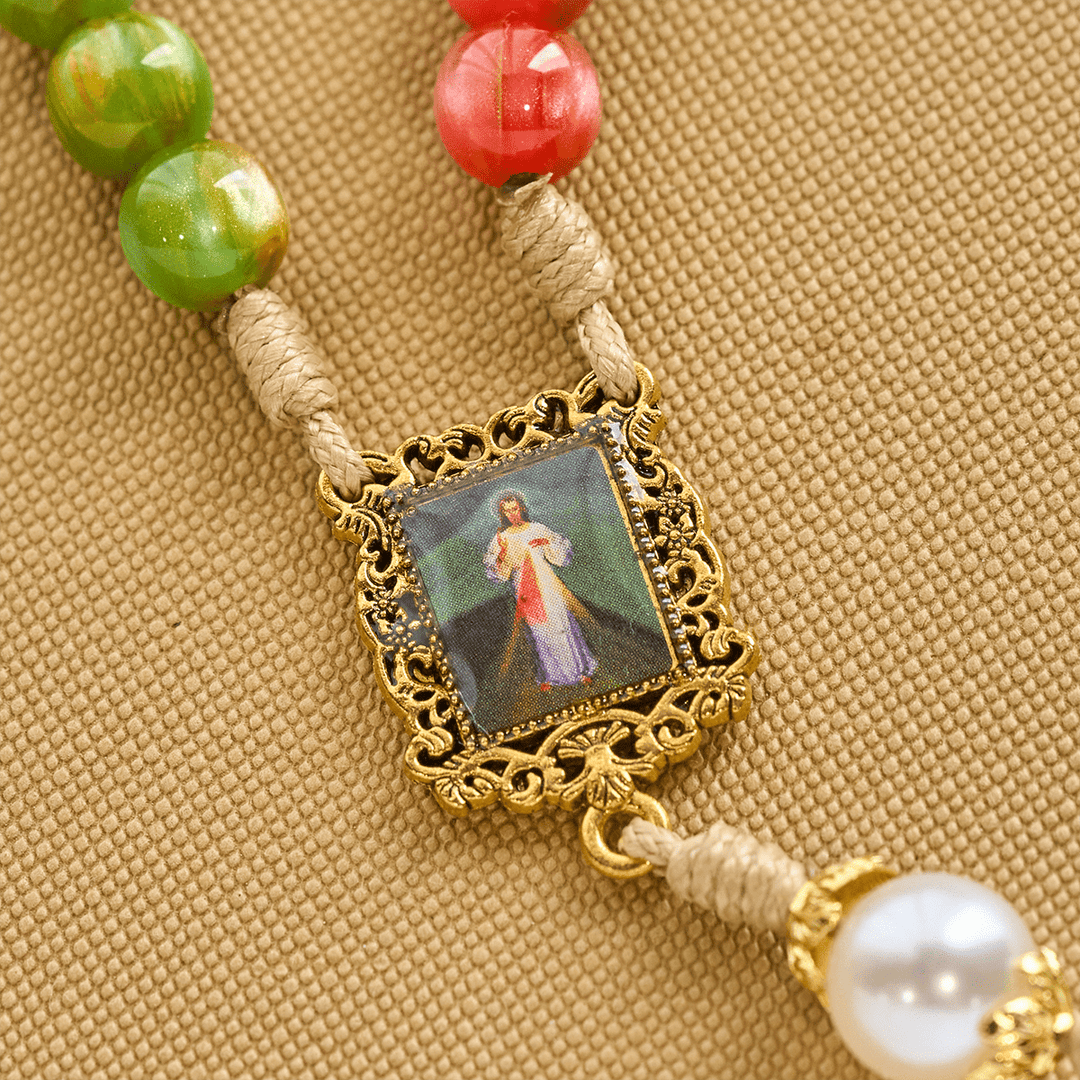 Christianartworkshop Handcrafted Christmas Blessings Divine Mercy Rosary with Red Green Beads and Bronze Crucifix - image 7
