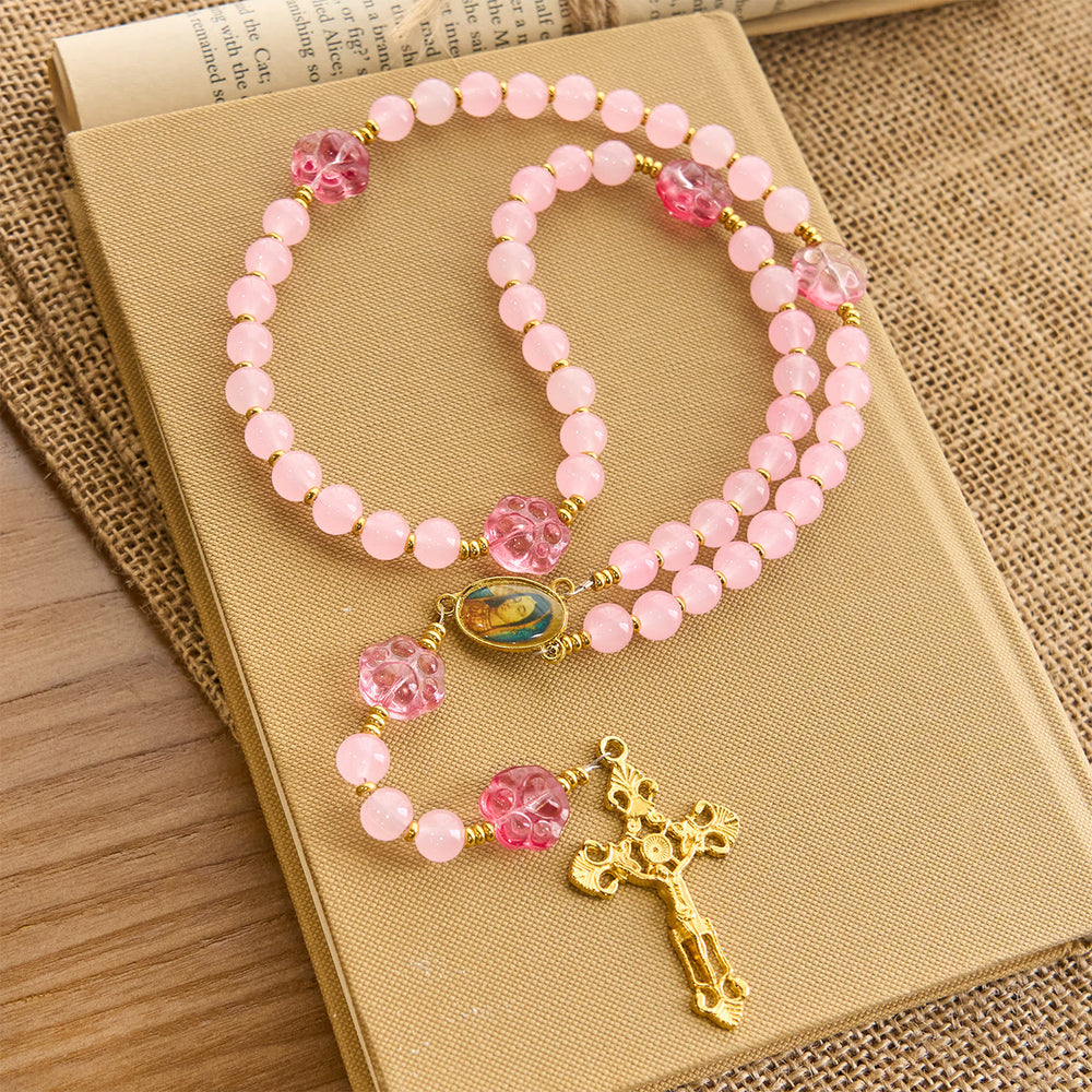Christianartworkshop Pet Blessing with Pink Quartz & Dog Paw Charm of Our Lady Animal Rosary - image 2