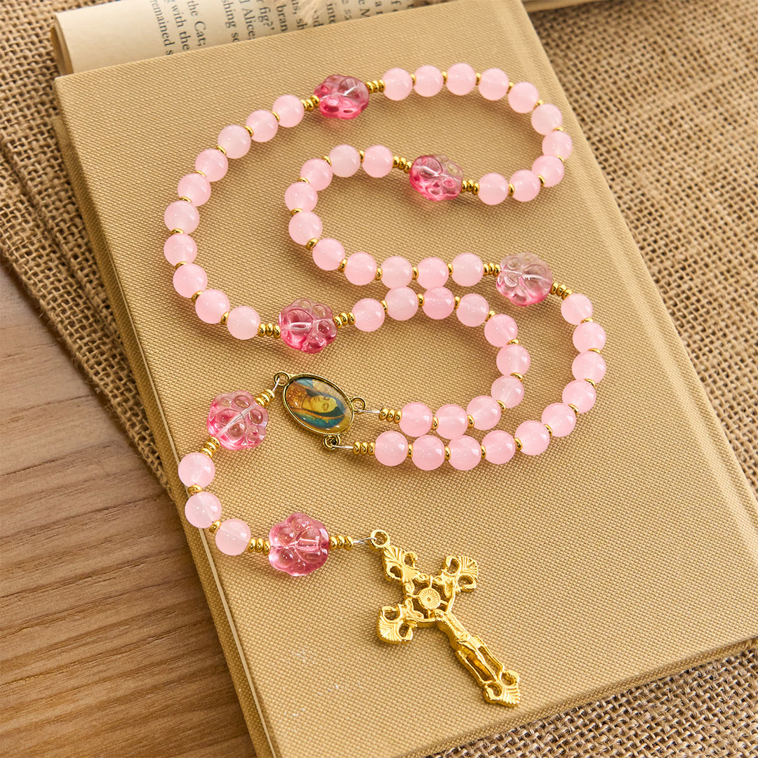 Christianartworkshop Pet Blessing with Pink Quartz & Dog Paw Charm of Our Lady Animal Rosary - Pink Paw Rosary - image 1