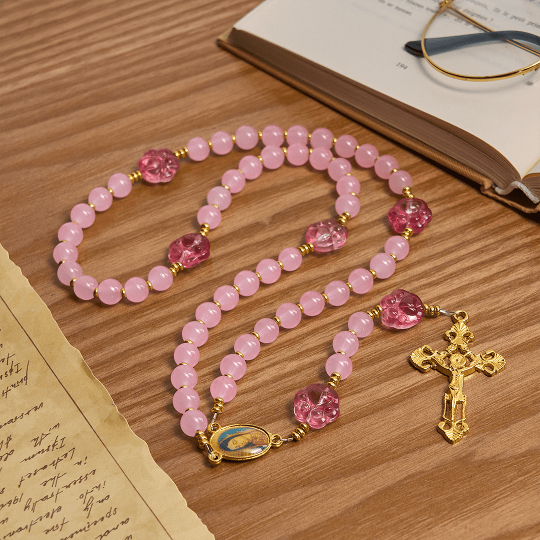 Christianartworkshop Pet Blessing with Pink Quartz & Dog Paw Charm of Our Lady Animal Rosary - image 3