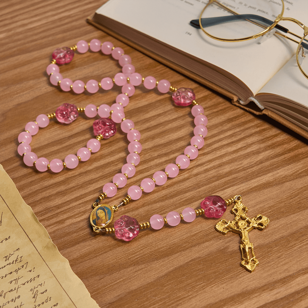 Christianartworkshop Pet Blessing with Pink Quartz & Dog Paw Charm of Our Lady Animal Rosary - image 4