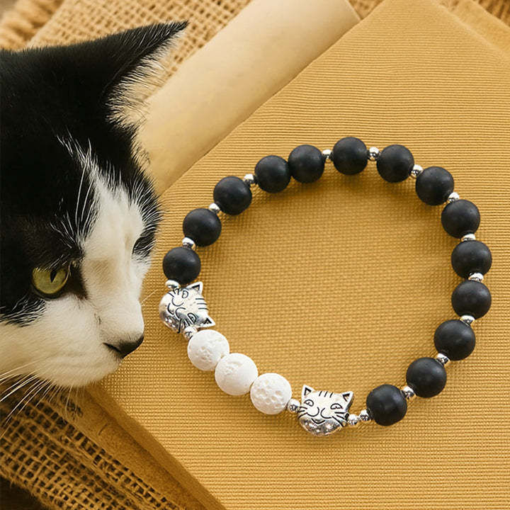 Christianartworkshop Matte Black and White Lava Stone with Cat Cow Chrams Bracelet & Animal Rosary  - Bracelet - image 10