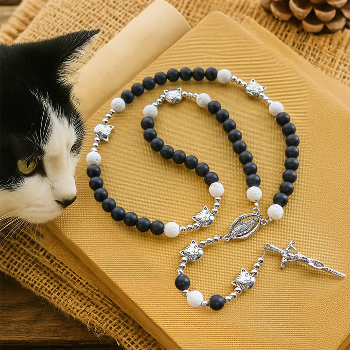 FREE Today: Matte Black and White Lava Stone with Cat Cow Chrams Bracelet & Animal Rosary - Rosary - image 1