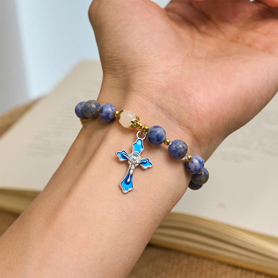 Christianartworkshop Serene Textured Blue Stone Bracelet with Blue Enamel Crucifix - image 1