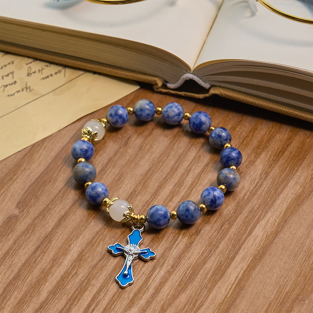 Christianartworkshop Serene Textured Blue Stone Bracelet with Blue Enamel Crucifix - image 3