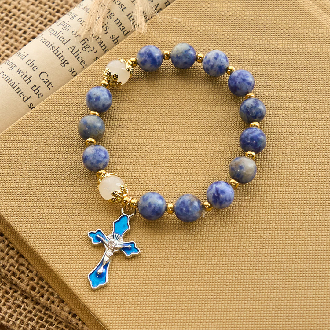 Christianartworkshop Serene Textured Blue Stone Bracelet with Blue Enamel Crucifix - Blue Stone Bracelet - image 1