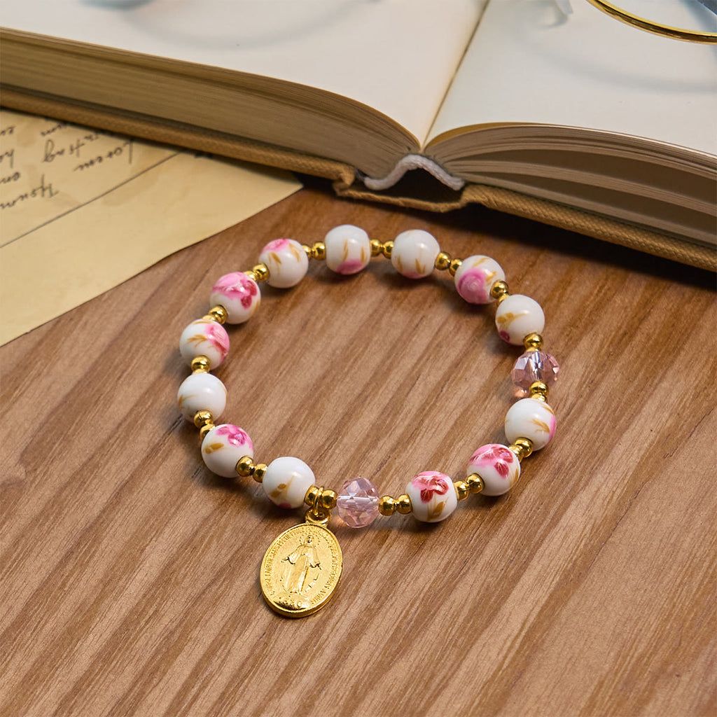 Elegant 8mm Pink Ceramic Flower Bracelet with Miraculous Medal