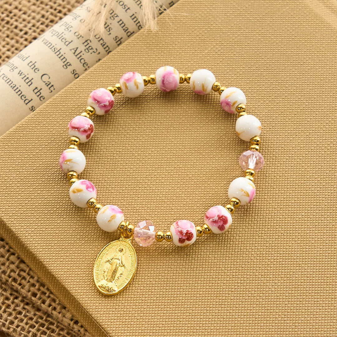 Christianartworkshop Elegant 8mm Flower Pattern Pink Ceramic Bracelet with Miraculous Medal - image 2