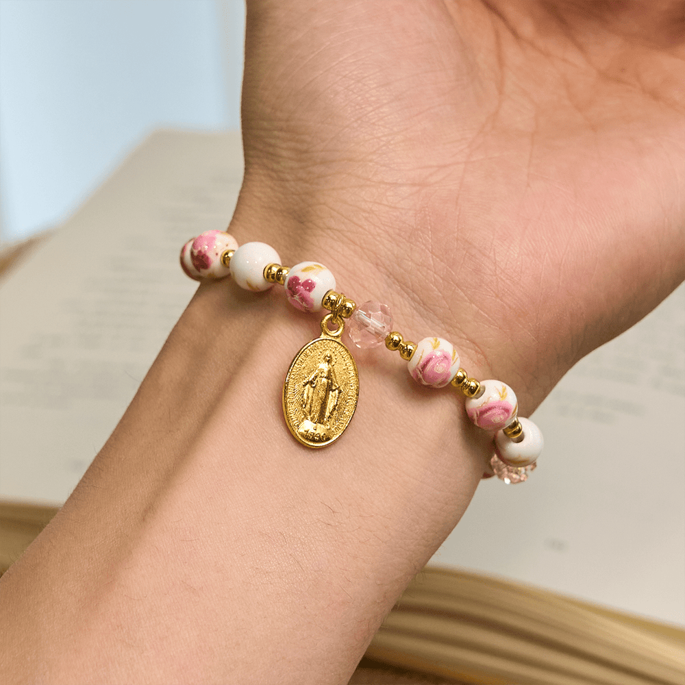Christianartworkshop Elegant 8mm Flower Pattern Pink Ceramic Bracelet with Miraculous Medal - image 2