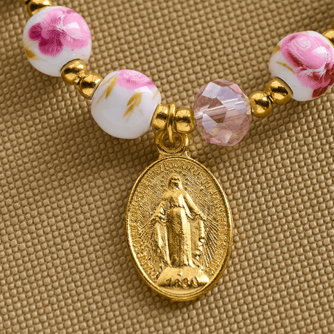 Christianartworkshop Elegant 8mm Flower Pattern Pink Ceramic Bracelet with Miraculous Medal - image 4