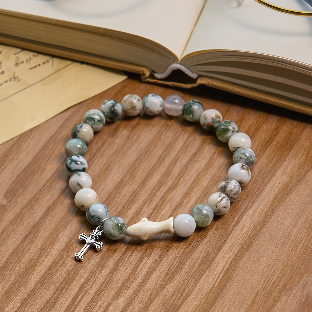 Christianartworkshop Waves of Grace Shark Guardian Cross Bracelet with Natural Volcanic Agate Stones - Green - image 5