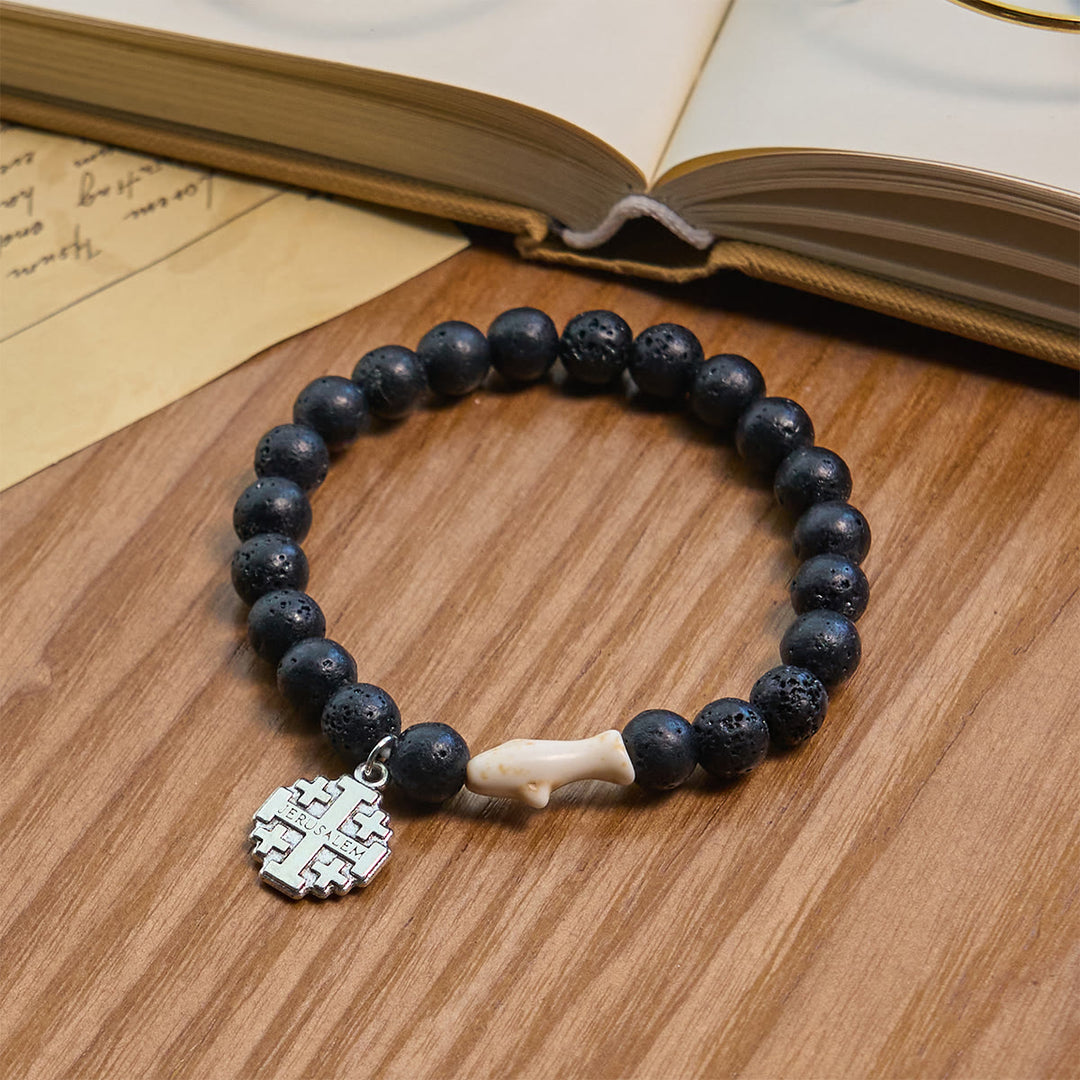 Christianartworkshop Waves of Grace Shark Guardian Cross Bracelet with Natural Volcanic Agate Stones - Black - image 17