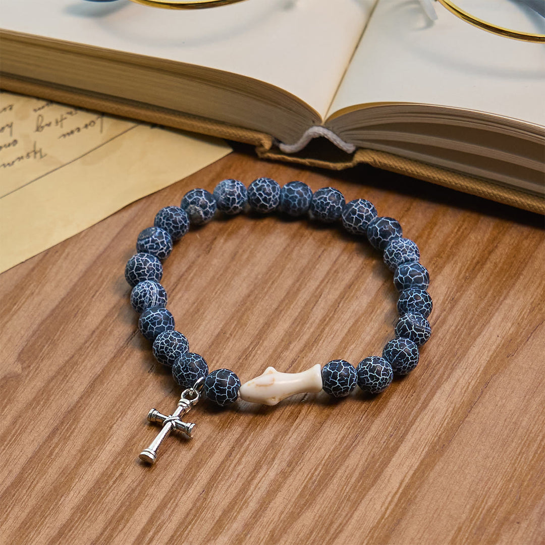 Christianartworkshop Waves of Grace Shark Guardian Cross Bracelet with Natural Volcanic Agate Stones - Dark Blue - image 9