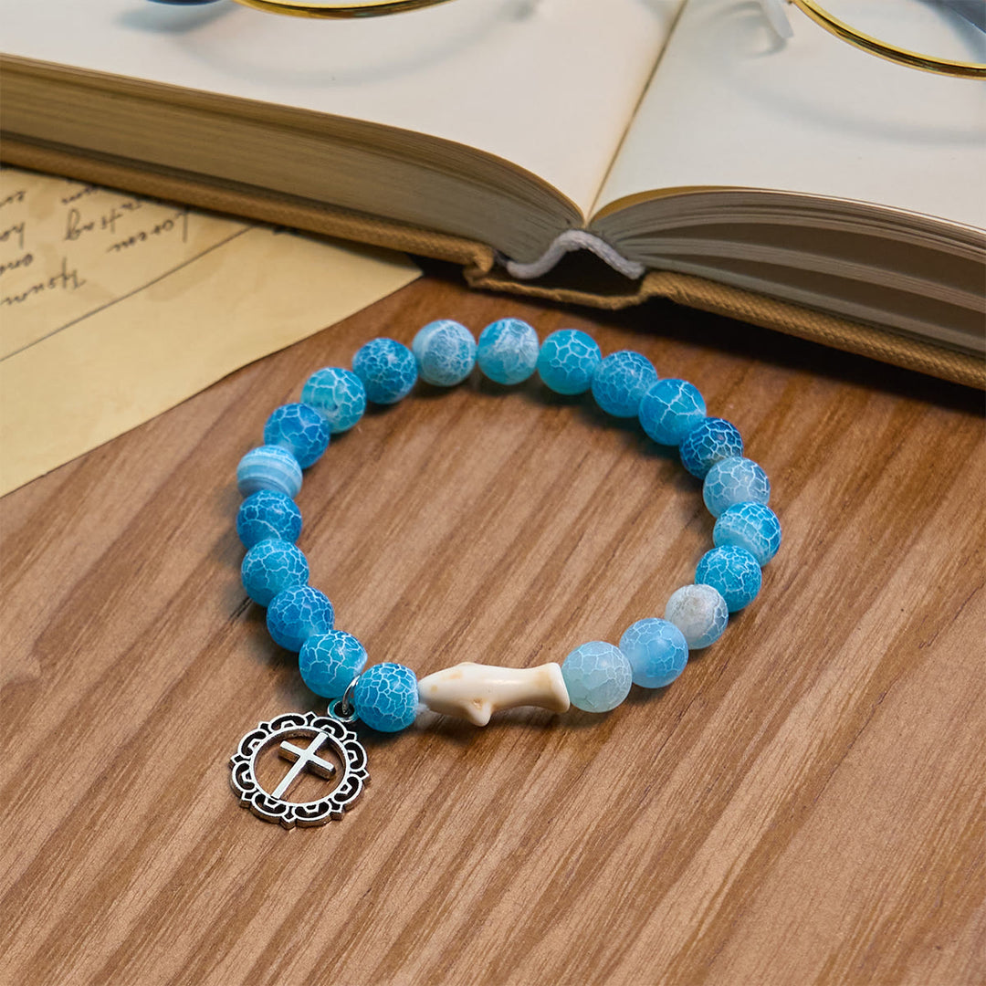 Christianartworkshop Waves of Grace Shark Guardian Cross Bracelet with Natural Volcanic Agate Stones - Sky Blue - image 1
