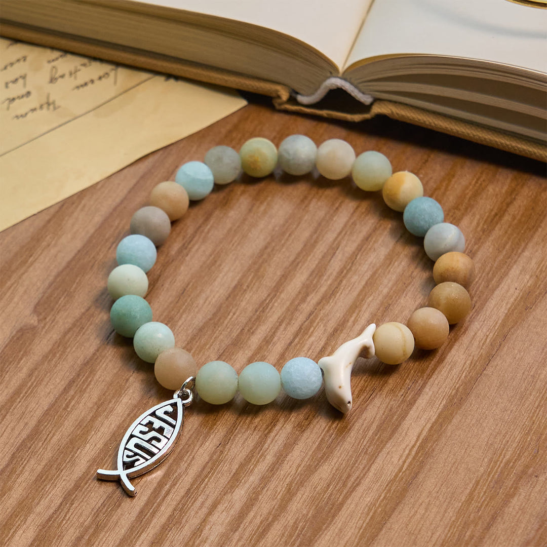 Christianartworkshop Ocean Grace Dolphin Blessing Bracelet with Natural Malachite and Ichthys Charm - Light Green - image 1