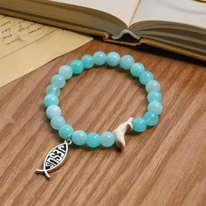 Christianartworkshop Ocean Grace Dolphin Blessing Bracelet with Natural Malachite and Ichthys Charm - Light Blue - image 19