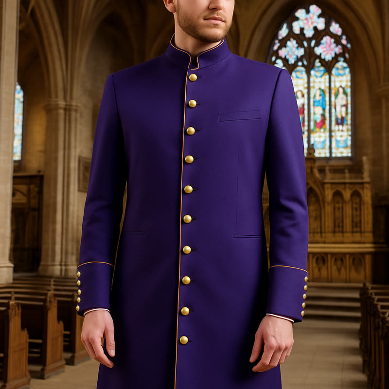 Christianartworkshop Traditional Stand Collar Clergy Robe with Golden Buttons & MultiColor Options - Purple - 3XL - image 1