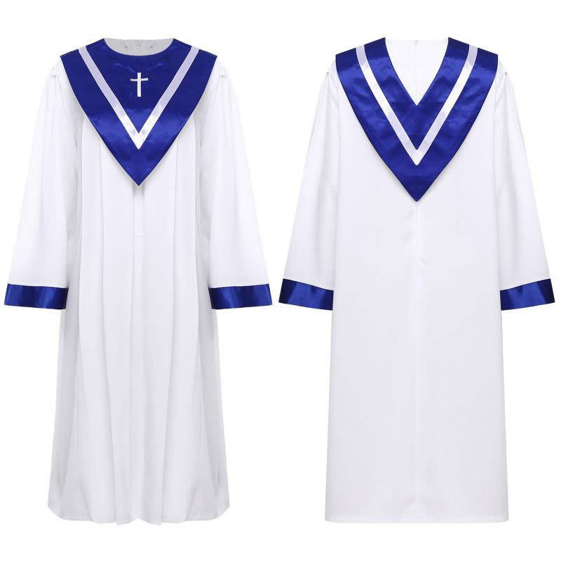 Christianartworkshop Classic White Clergy Robe with Contrast V-Neck & Cross Detailing - Blue - 3XL - image 5