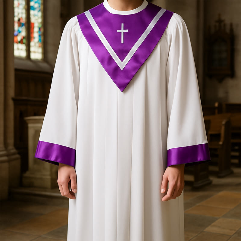 Christianartworkshop Classic White Clergy Robe with Contrast V-Neck & Cross Detailing - Purple - 3XL - image 1