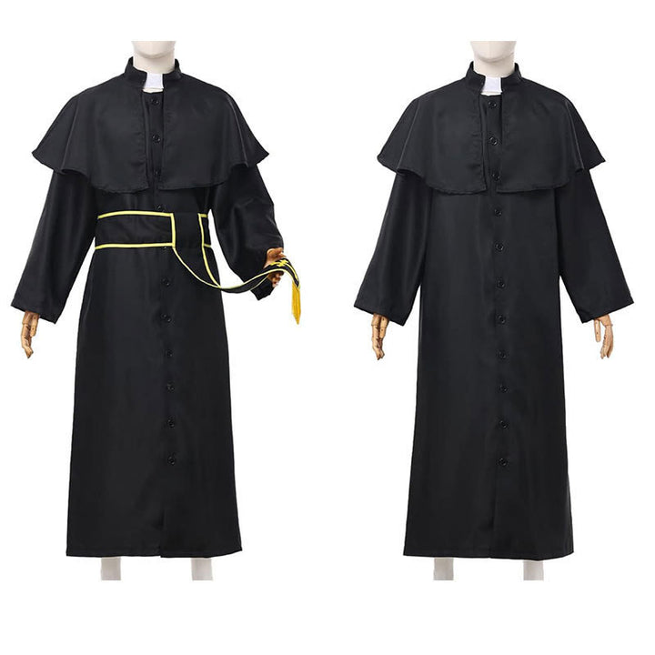 Christianartworkshop Medieval Style Black Clergy Robe with Cross Tassel Belt and Shawl Collar - image 3