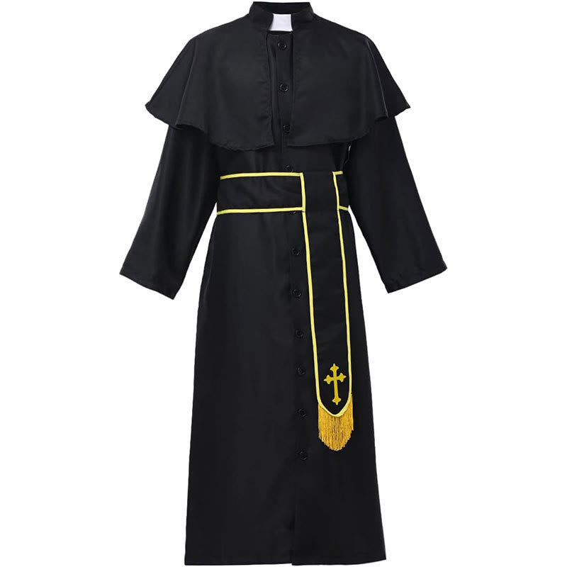 Christianartworkshop Medieval Style Black Clergy Robe with Cross Tassel Belt and Shawl Collar - image 9