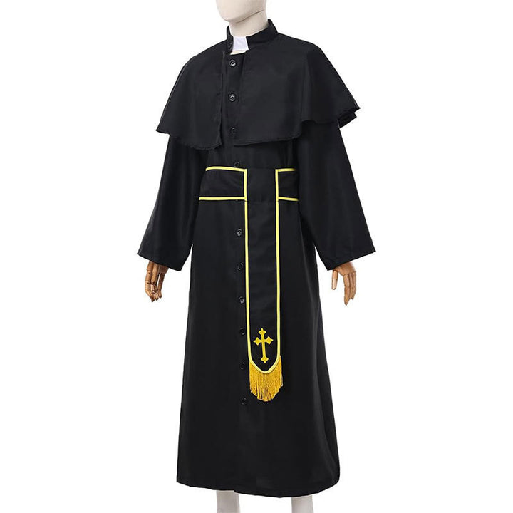 Christianartworkshop Medieval Style Black Clergy Robe with Cross Tassel Belt and Shawl Collar - image 11