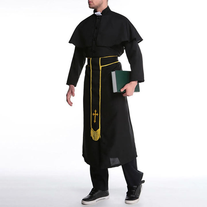 Christianartworkshop Medieval Style Black Clergy Robe with Cross Tassel Belt and Shawl Collar - image 6
