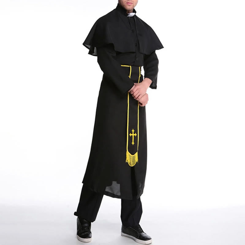 Christianartworkshop Medieval Style Black Cassock Clergy Robe with Cross Tassel Belt and Shawl Collar - image 10