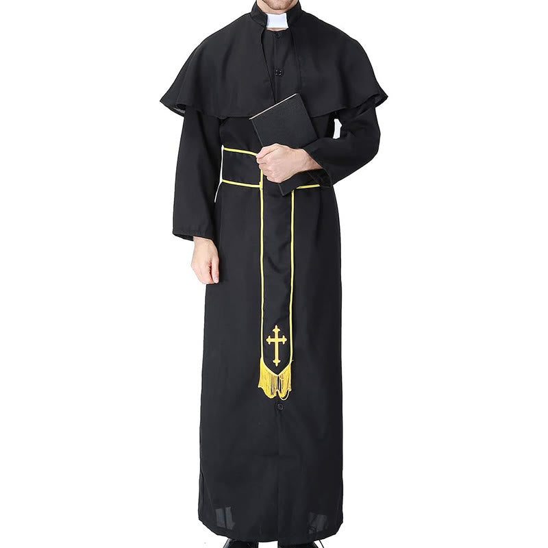 Christianartworkshop Medieval Style Black Clergy Robe with Cross Tassel Belt and Shawl Collar - image 5