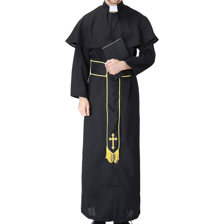 Christianartworkshop Medieval Style Black Clergy Robe with Cross Tassel Belt and Shawl Collar - image 5