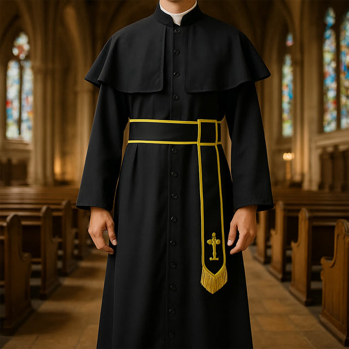 Christianartworkshop Medieval Style Black Cassock Clergy Robe with Cross Tassel Belt and Shawl Collar - image 0