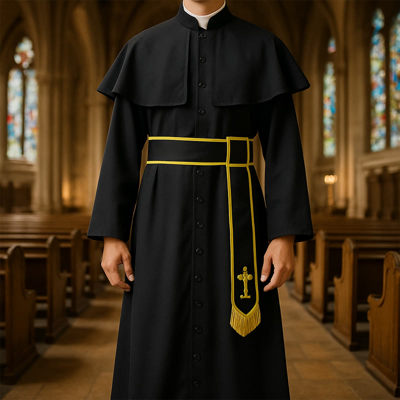 Christianartworkshop Medieval Style Black Clergy Robe with Cross Tassel Belt and Shawl Collar - 3XL - image 1
