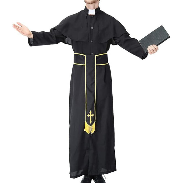 Christianartworkshop Medieval Style Black Clergy Robe with Cross Tassel Belt and Shawl Collar - image 4