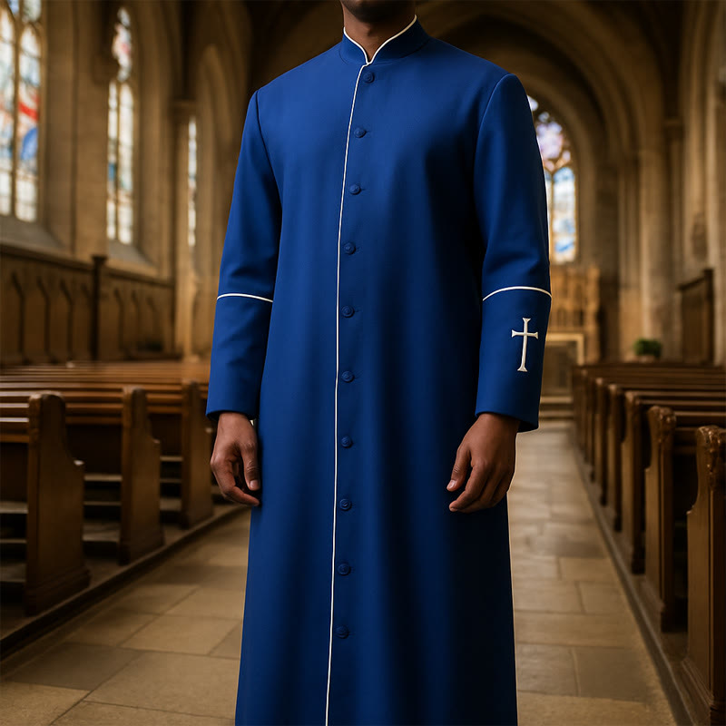 Christianartworkshop Multi-Color Formal Stand Collar Clergy Robe with White Cross and Ritual Dignity - Blue - 3XL - image 1