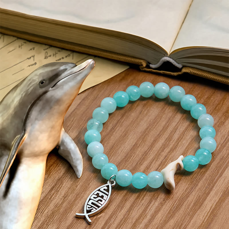 Christianartworkshop Ocean Grace Dolphin Blessing Bracelet with Natural Malachite and Ichthys Charm - Light Blue - image 21