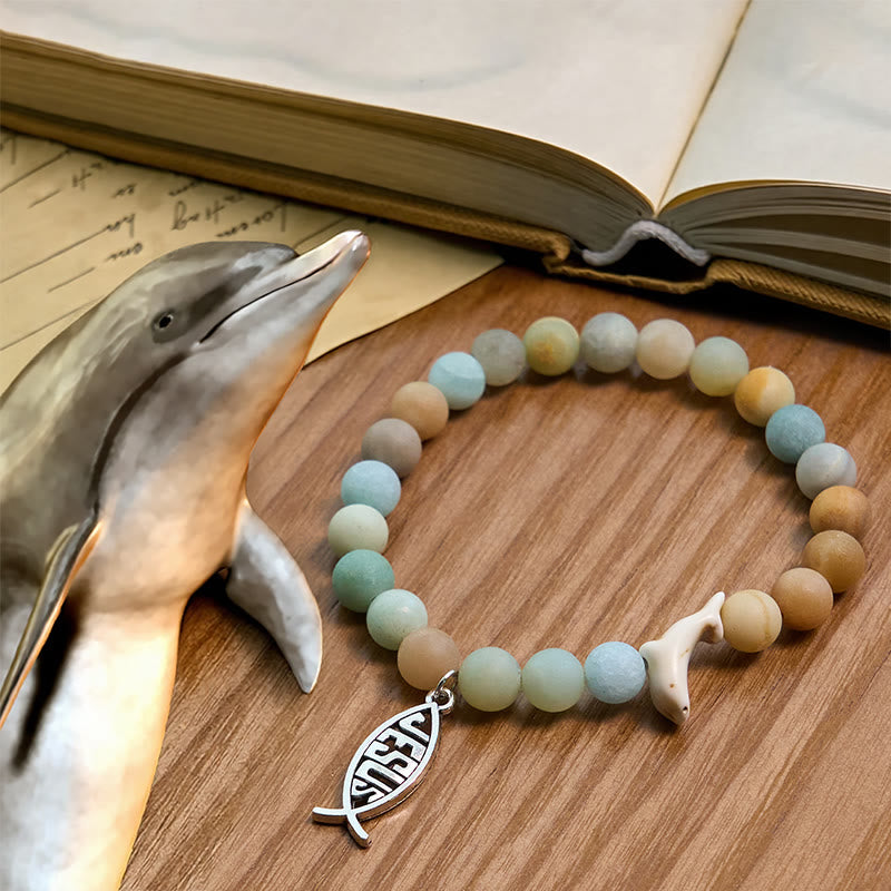 Christianartworkshop Ocean Grace Dolphin Blessing with Natural Malachite & Ichthys Charm Animal Bracelet - Light Green - image 0