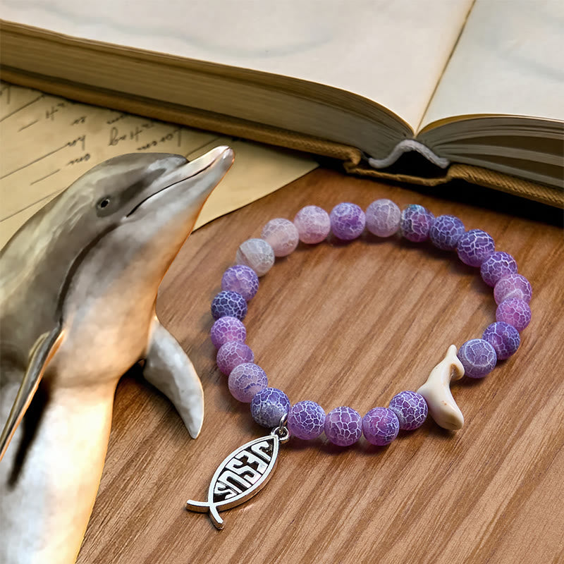 Christianartworkshop Ocean Grace Dolphin Blessing Bracelet with Natural Malachite and Ichthys Charm - Light Purple - image 28