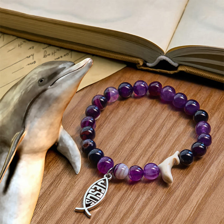 Christianartworkshop Ocean Grace Dolphin Blessing Bracelet with Natural Malachite and Ichthys Charm - Purple - image 14