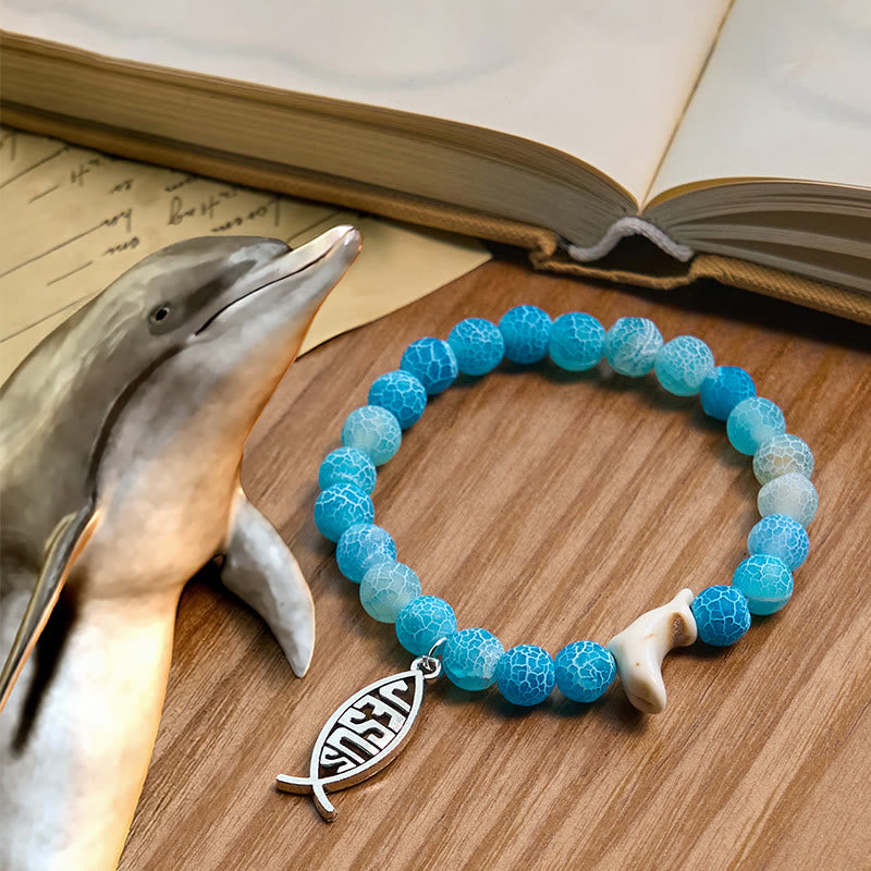 Christianartworkshop Ocean Grace Dolphin Blessing Bracelet with Natural Malachite and Ichthys Charm - Lake Blue - image 7