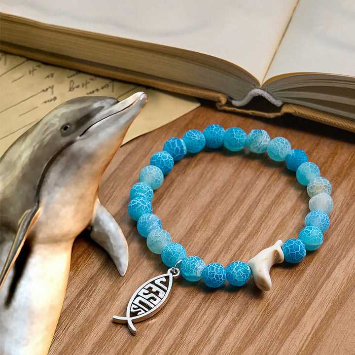 Christianartworkshop Ocean Grace Dolphin Blessing Bracelet with Natural Malachite and Ichthys Charm - Lake Blue - image 7