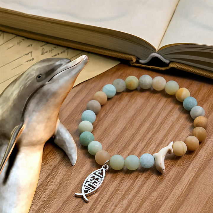 Christianartworkshop Ocean Grace Dolphin Blessing Bracelet with Natural Malachite and Ichthys Charm - Light Green - image 0