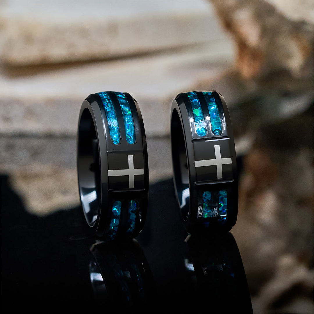 Christianartworkshop Modern Titanium Steel Cross Ring with Laser Blue Inlay: Bold Minimalist Design - image 4