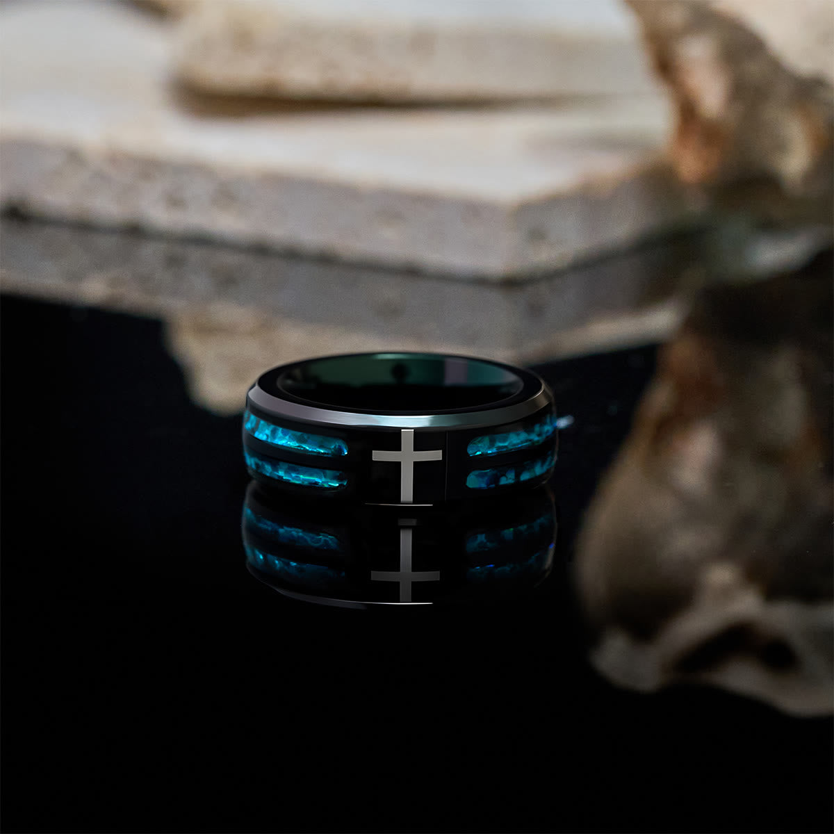 Modern Titanium Steel Cross Ring with Laser Blue Inlay - Bold
