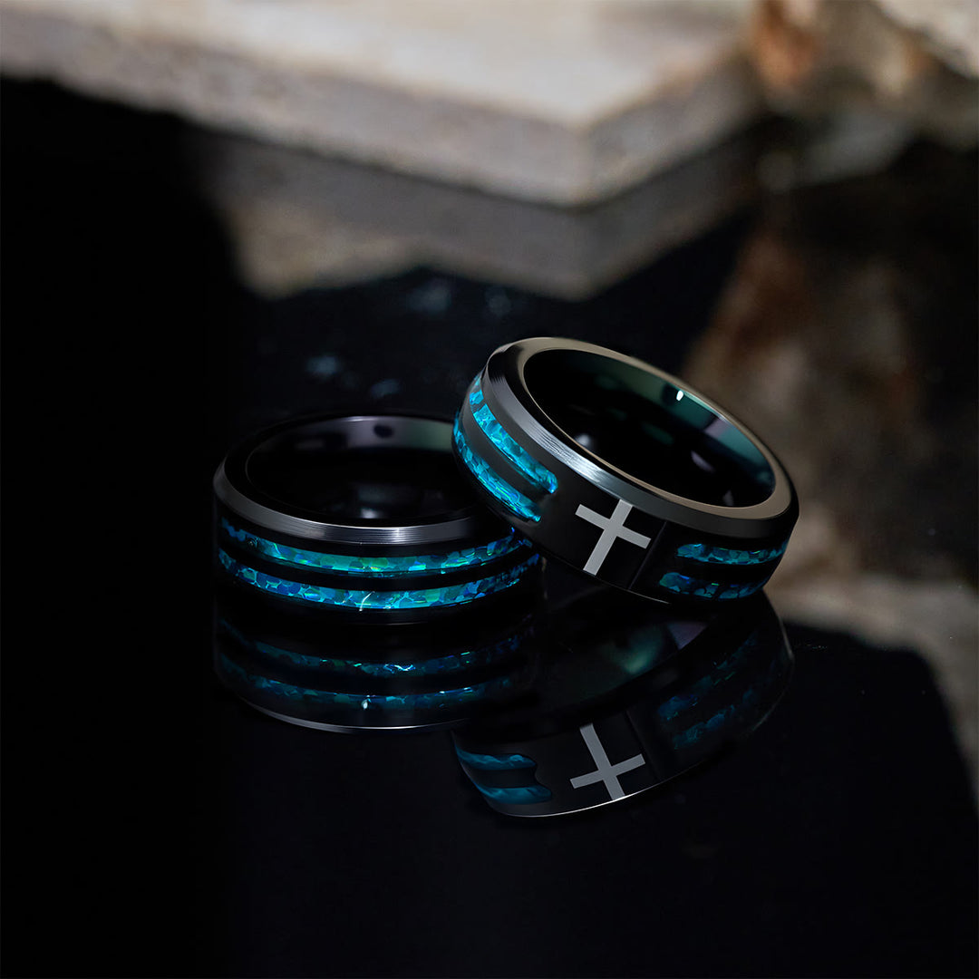 FREE Today: Modern Titanium Steel Cross Ring with Laser Blue Inlay: Serenity in Christ's Blue Light - US 14 - image 0