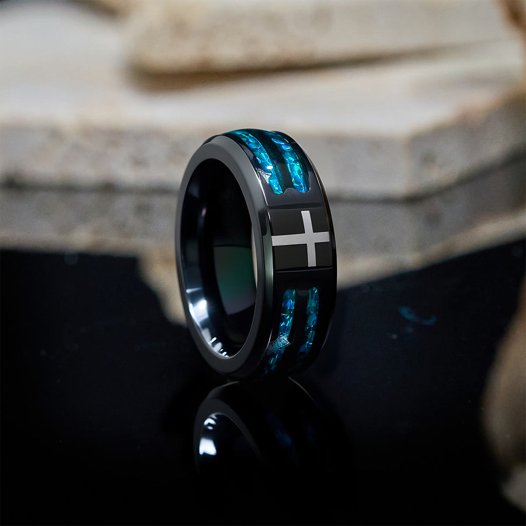 Christianartworkshop Modern Titanium Steel Cross Ring with Laser Blue Inlay: Bold Minimalist Design - image 2