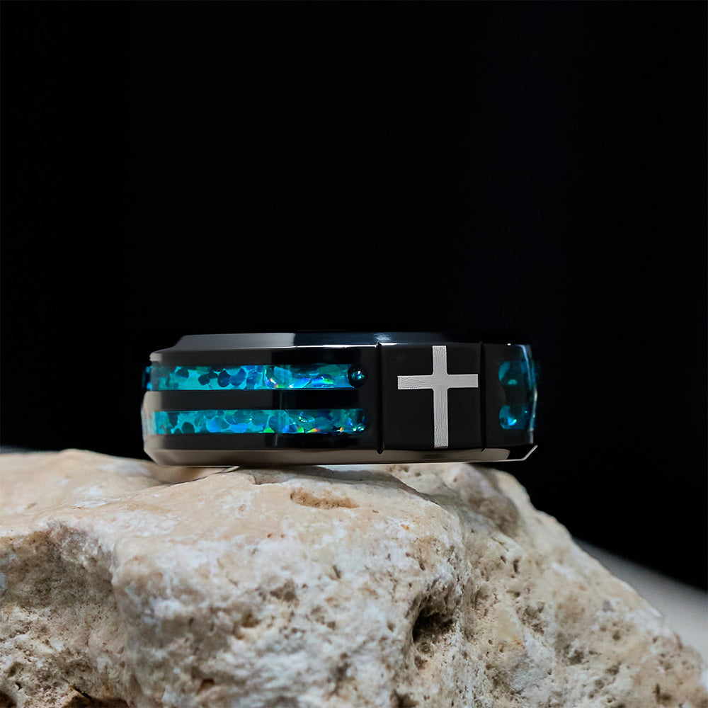 Christianartworkshop Modern Titanium Steel Cross Ring with Laser Blue Inlay: Bold Minimalist Design - image 1