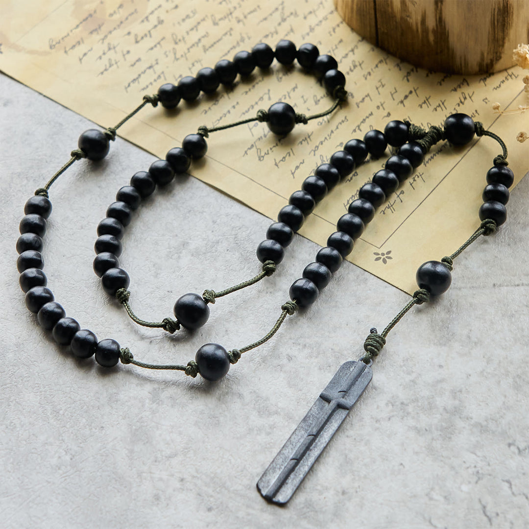 FREE Today: Rustic-Contemporary Cross of 8 mm Round Natural Wood Beads Rope Weaving Chain Rosary - Cross - image 0