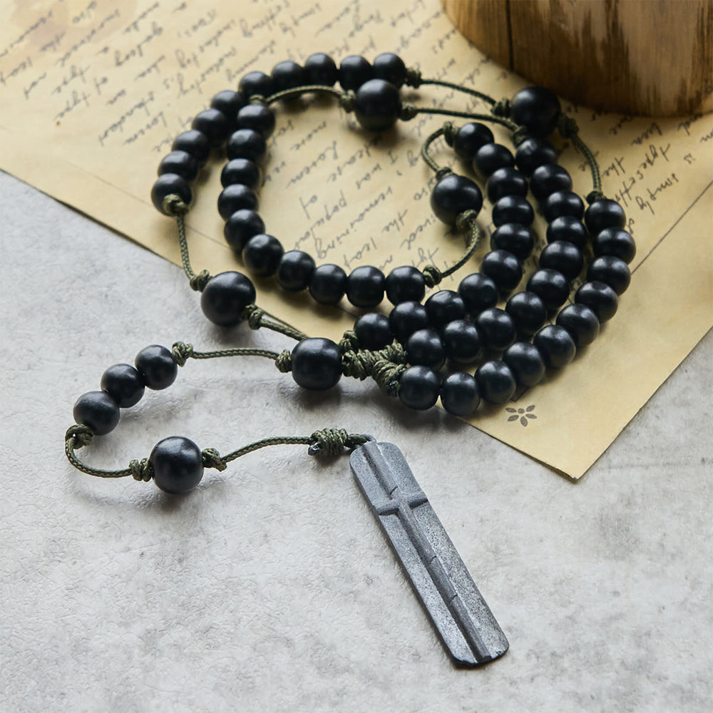 FREE Today: Rustic-Contemporary Cross of 8 mm Round Natural Wood Beads Rope Weaving Chain Rosary - image 1